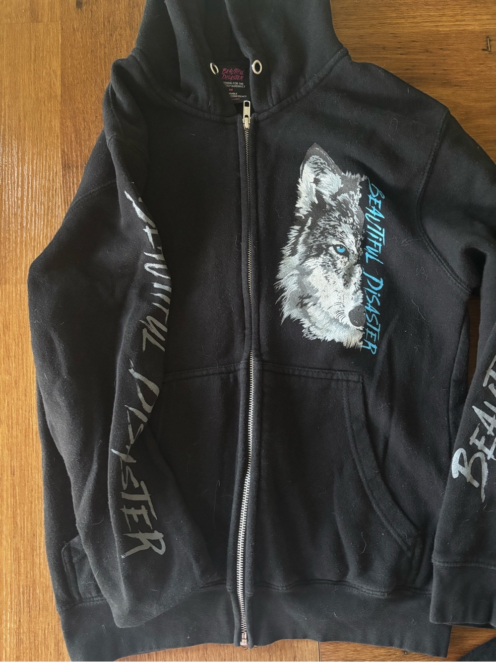 Beautiful Disaster Women's Black Zip-Up Hoodie with Wolf Graphic